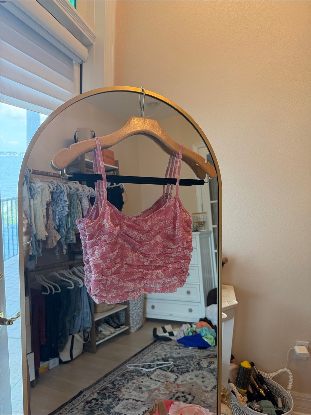 Pink Floral Ruched Spaghetti Strap Crop Top